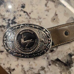 Nocona Mens Leather Fabric Belt Wisconsin Land of Muskies Belt Buckle Aztec 40